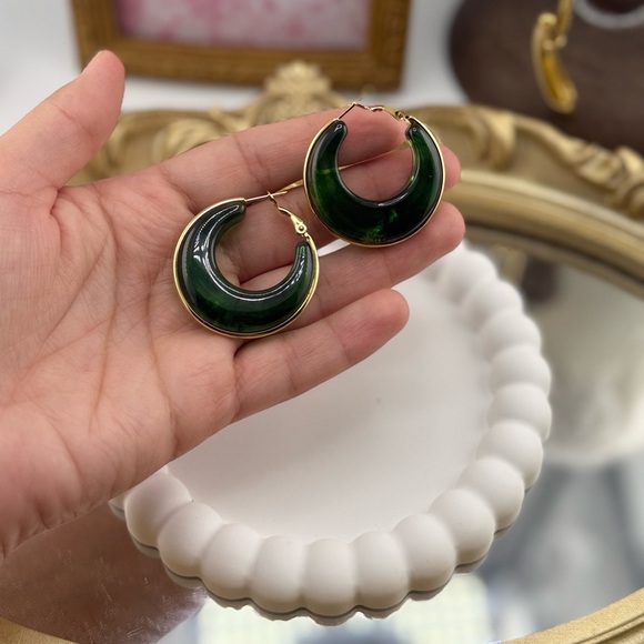 Green Resin Hoop Earrings – Gold Plated Stainless Steel - Picture 5 of 6